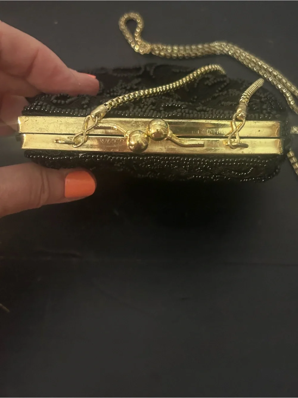 Vintage Regale Ltd Black Beaded Floral Evening Bag Kiss Lock Gold Chain Purse